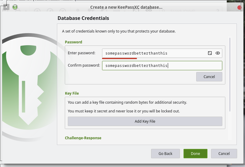 keepassxc database key settings