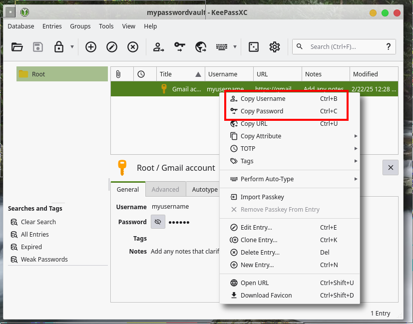 keepassxc entry usage