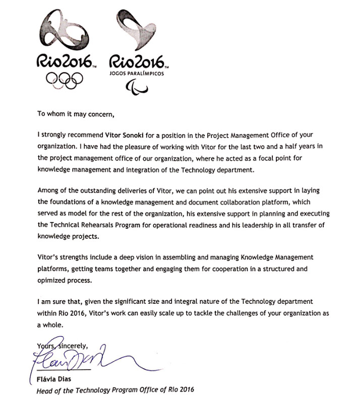 a recommendation letter from Flávia Dias, Rio 2016