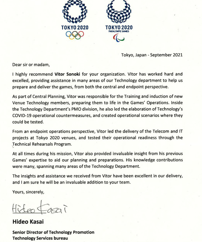 a recommendation letter from Hideo Kasai, Tokyo 2020